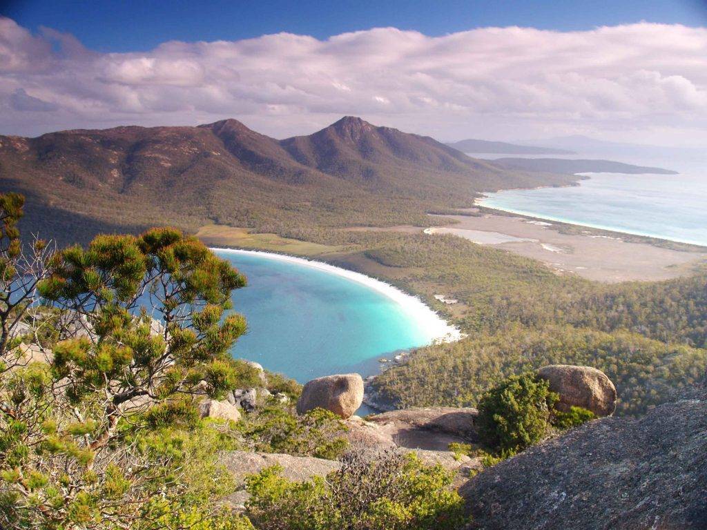 "The stunning view from Wineglass Bay Lookout in Freycinet National Park."