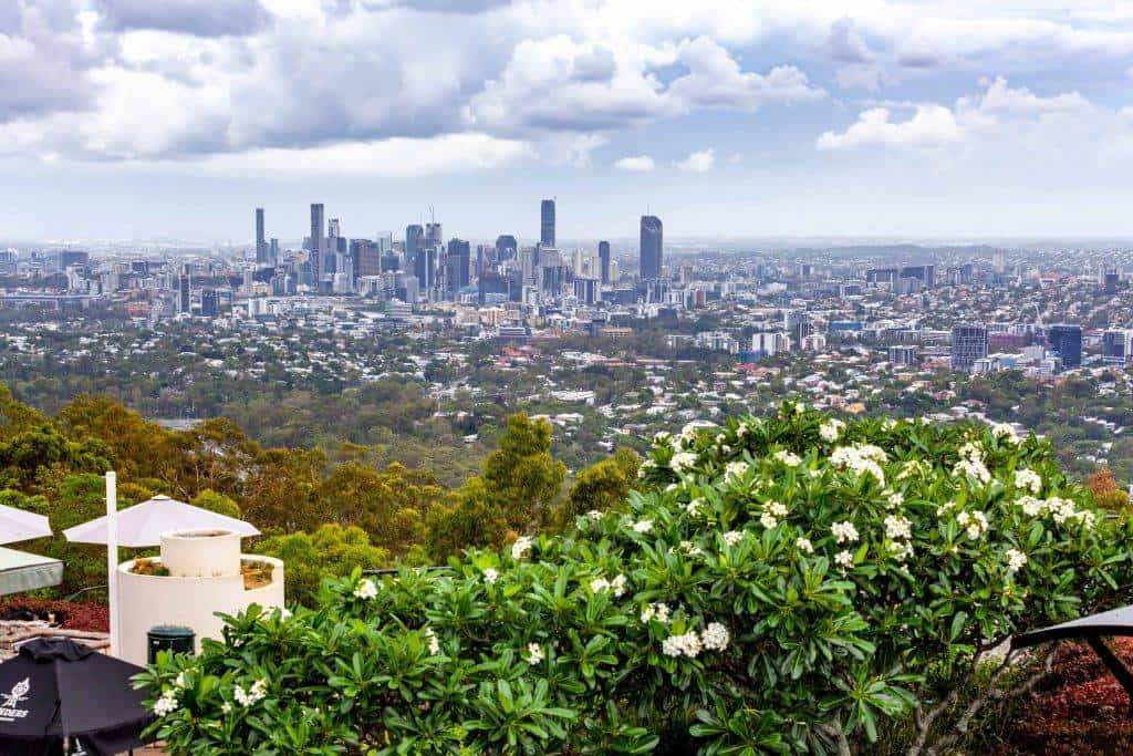 "Spectacular view from Mount Coo-tha Lookout, Brisbane's highest point, offering panoramic views of the city skyline."